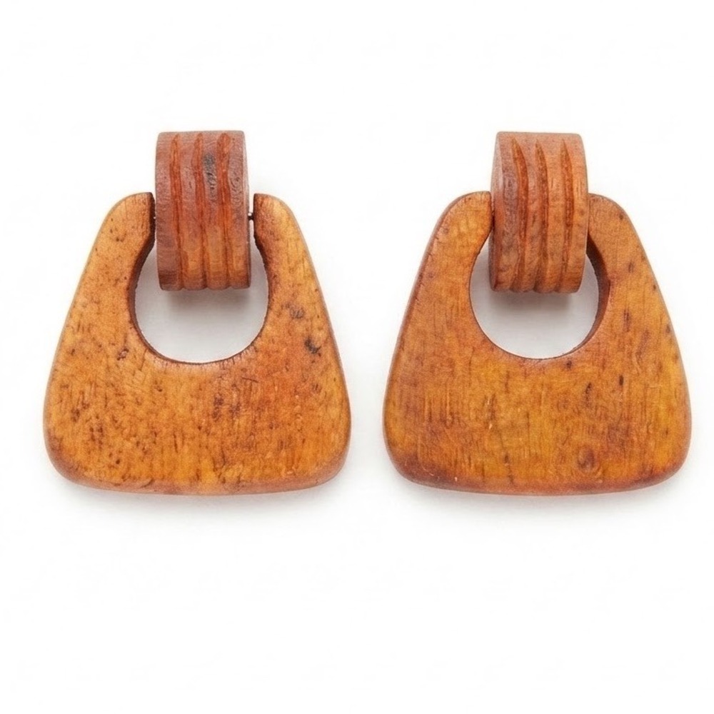 Vintage Style Wooden Door Knocker Earrings Brown Geometric Wood Drop Studs